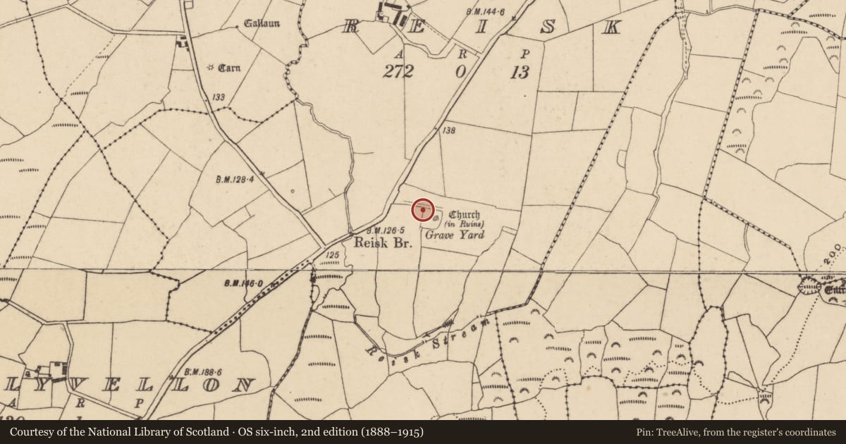 Ordnance Survey six-inch map, 2nd edition (1888–1915) covering the location of Font, Reisk, County Waterford, with a pin at the register's coordinates