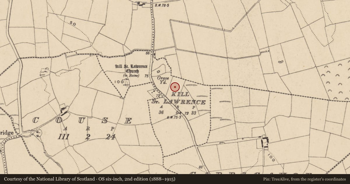 Ordnance Survey six-inch map, 2nd edition (1888–1915) covering the location of Standing stone, Kill St. Lawrence, County Waterford, with a pin at the register's coordinates