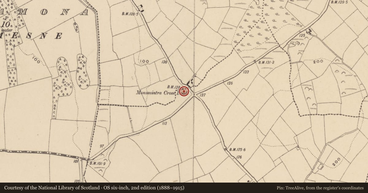 Ordnance Survey six-inch map, 2nd edition (1888–1915) covering the location of Fulacht fia, Monamintra, County Waterford, with a pin at the register's coordinates