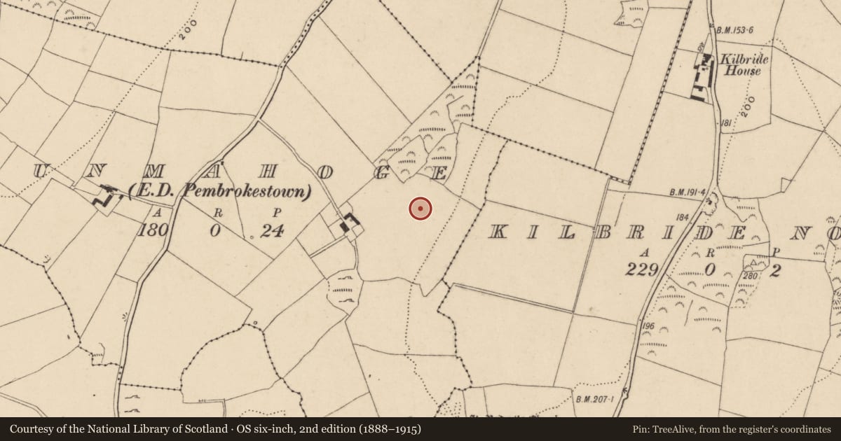 Ordnance Survey six-inch map, 2nd edition (1888–1915) covering the location of Enclosure, Munmahoge (Middlethird By., Kilbride Par.), County Waterford, with a pin at the register's coordinates