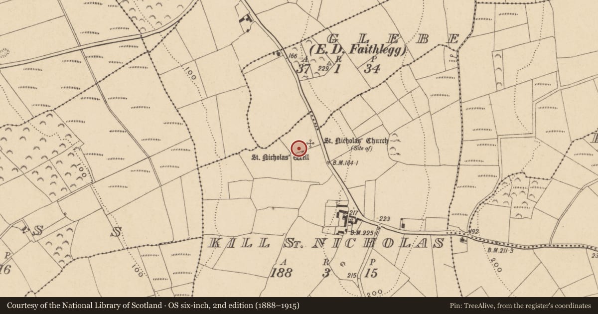 Ordnance Survey six-inch map, 2nd edition (1888–1915) covering the location of Ritual site - holy well, Kill St. Nicholas, County Waterford, with a pin at the register's coordinates