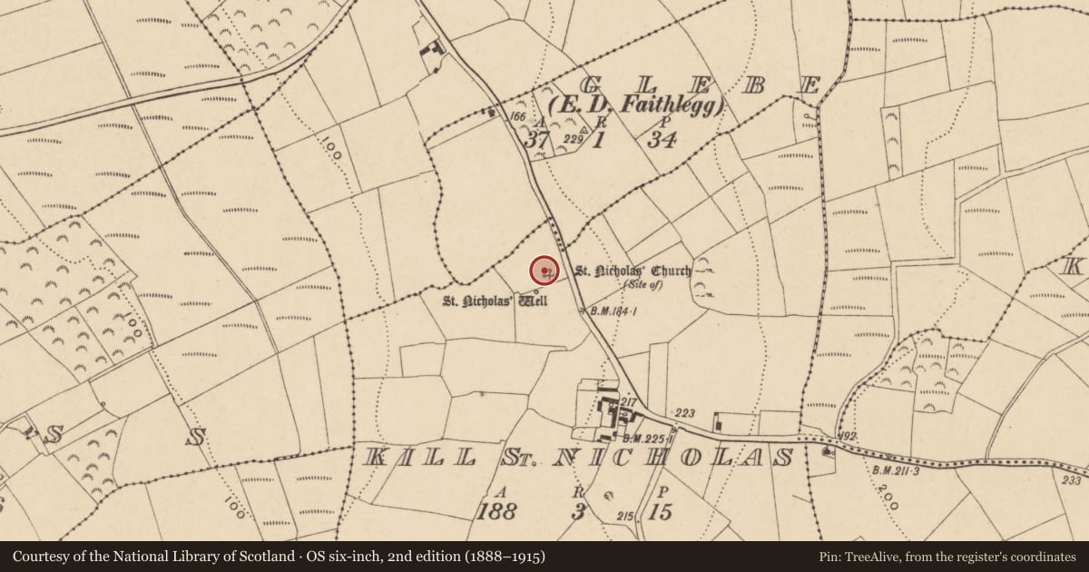 Ordnance Survey six-inch map, 2nd edition (1888–1915) covering the location of Bullaun stone, Kill St. Nicholas, County Waterford, with a pin at the register's coordinates