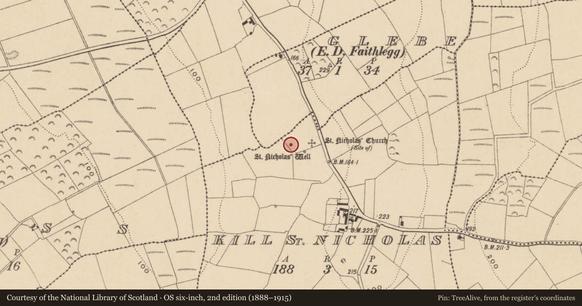 Ordnance Survey six-inch map, 2nd edition (1888–1915) covering the location of Burnt mound, Kill St. Nicholas, County Waterford, with a pin at the register's coordinates