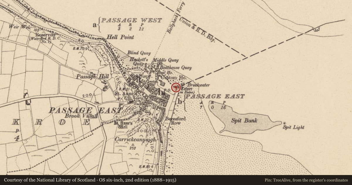 Ordnance Survey six-inch map, 2nd edition (1888–1915) covering the location of Bastioned fort, Passage East, County Waterford, with a pin at the register's coordinates