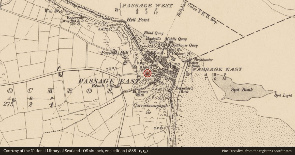 Ordnance Survey six-inch map, 2nd edition (1888–1915) covering the location of Church, Knockroe, County Waterford, with a pin at the register's coordinates