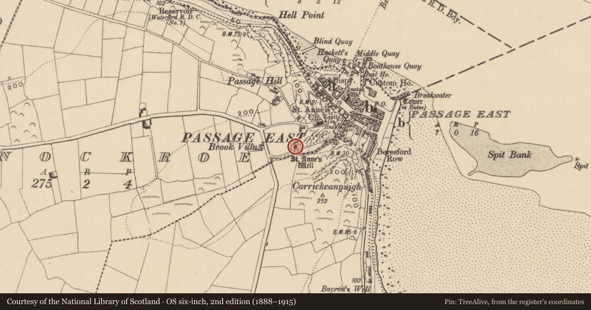 Ordnance Survey six-inch map, 2nd edition (1888–1915) covering the location of Ritual site - holy well, Knockroe, County Waterford, with a pin at the register's coordinates