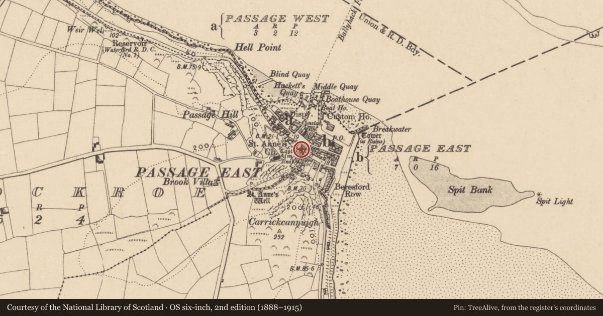 Ordnance Survey six-inch map, 2nd edition (1888–1915) covering the location of Armorial plaque, Passage East, County Waterford, with a pin at the register's coordinates
