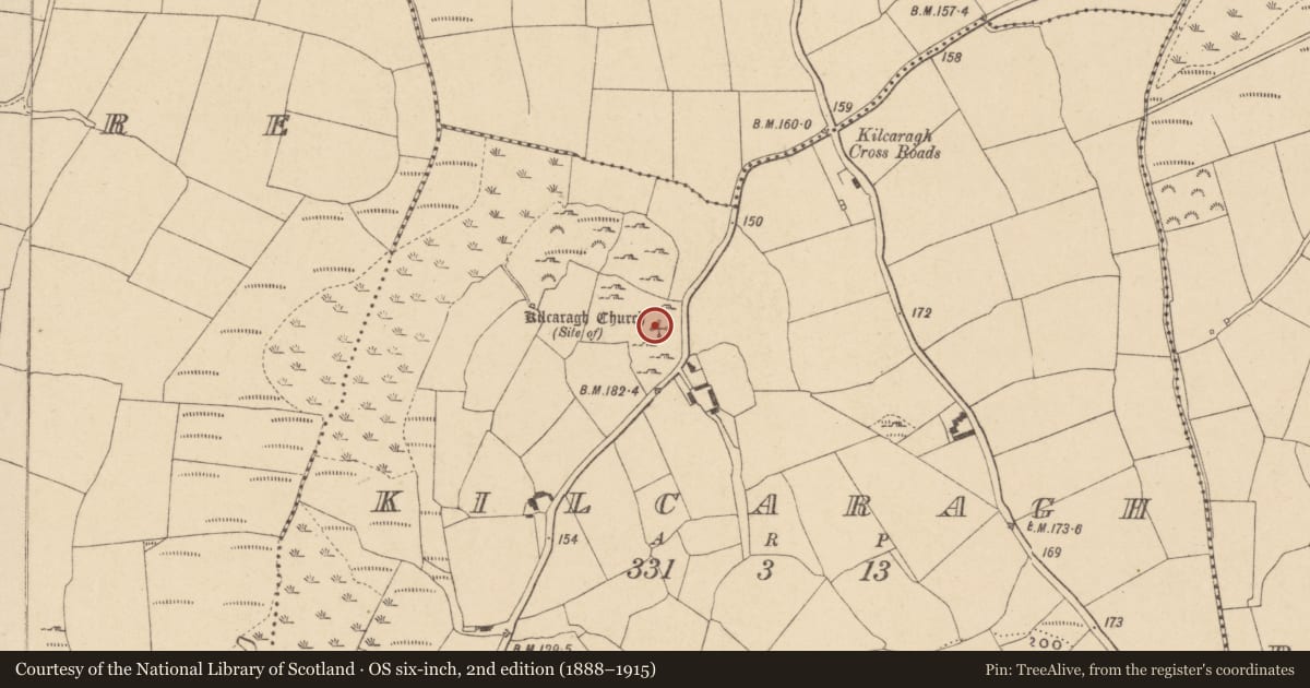 Ordnance Survey six-inch map, 2nd edition (1888–1915) covering the location of Church, Kilcaragh, County Waterford, with a pin at the register's coordinates