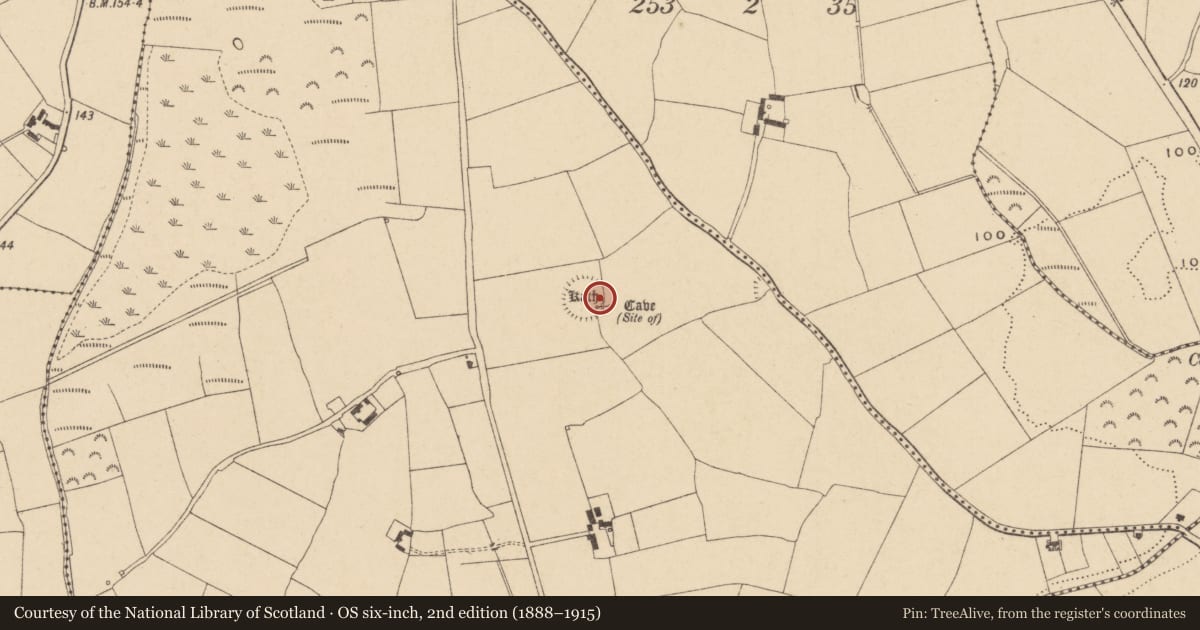 Ordnance Survey six-inch map, 2nd edition (1888–1915) covering the location of Souterrain, Ballygunnermore, County Waterford, with a pin at the register's coordinates