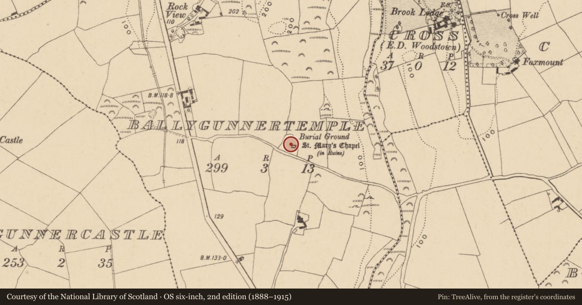Ordnance Survey six-inch map, 2nd edition (1888–1915) covering the location of Church, Ballygunnertemple, County Waterford, with a pin at the register's coordinates