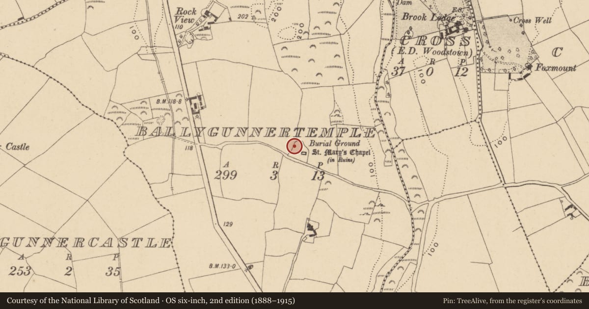 Ordnance Survey six-inch map, 2nd edition (1888–1915) covering the location of Graveyard, Ballygunnertemple, County Waterford, with a pin at the register's coordinates