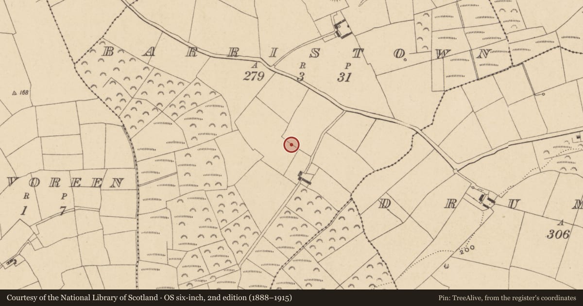Ordnance Survey six-inch map, 2nd edition (1888–1915) covering the location of Ringfort - unclassified, Barristown, County Waterford, with a pin at the register's coordinates