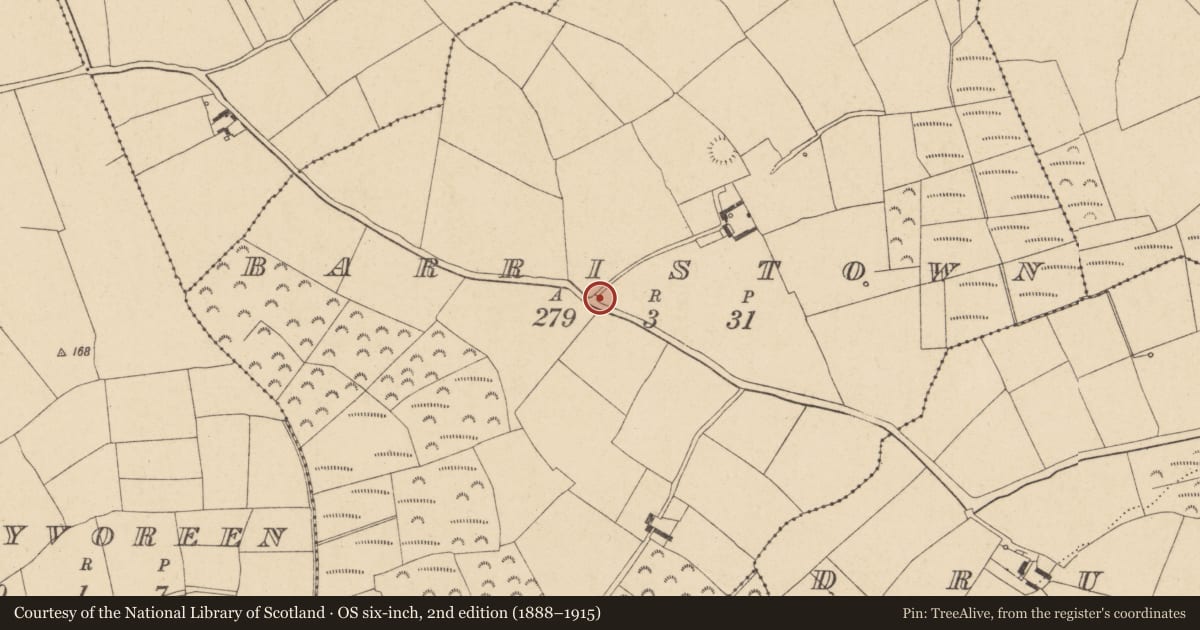 Ordnance Survey six-inch map, 2nd edition (1888–1915) covering the location of Ringfort - unclassified, Barristown, County Waterford, with a pin at the register's coordinates
