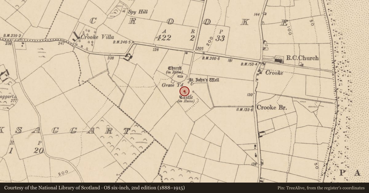 Ordnance Survey six-inch map, 2nd edition (1888–1915) covering the location of Castle - tower house, Crooke, County Waterford, with a pin at the register's coordinates