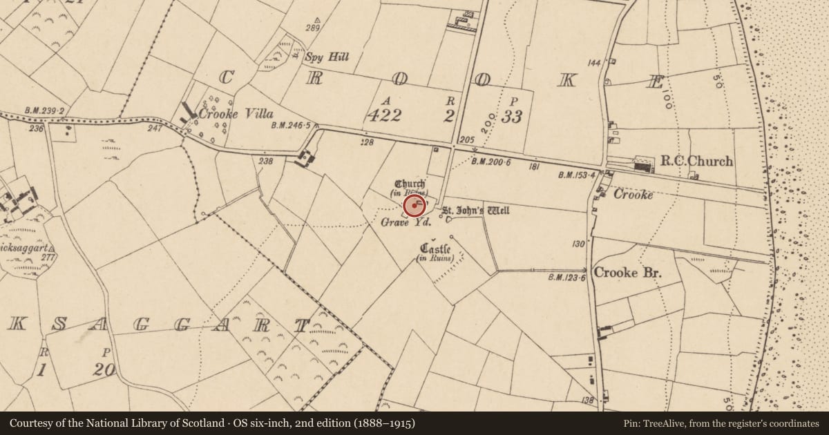 Ordnance Survey six-inch map, 2nd edition (1888–1915) covering the location of Graveyard, Crooke, County Waterford, with a pin at the register's coordinates