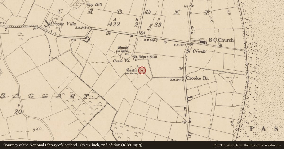 Ordnance Survey six-inch map, 2nd edition (1888–1915) covering the location of Burnt mound, Crooke, County Waterford, with a pin at the register's coordinates