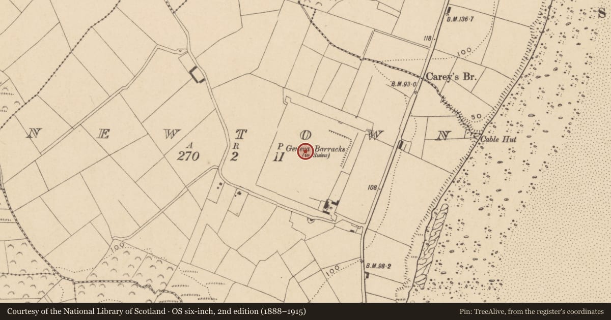 Ordnance Survey six-inch map, 2nd edition (1888–1915) covering the location of Barracks, Newtown (Gaultiere By., Crooke Par.), County Waterford, with a pin at the register's coordinates