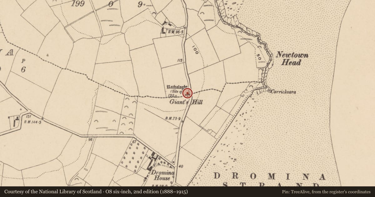 Ordnance Survey six-inch map, 2nd edition (1888–1915) covering the location of Mound, Dromina, Raheen, County Waterford, with a pin at the register's coordinates