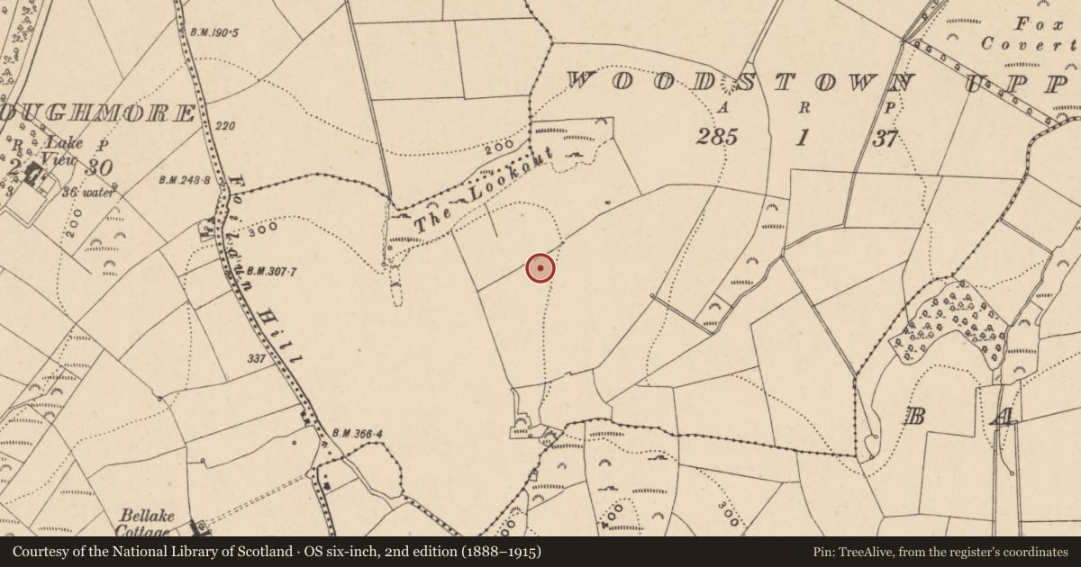 Ordnance Survey six-inch map, 2nd edition (1888–1915) covering the location of Enclosure, Woodstown Upper, County Waterford, with a pin at the register's coordinates