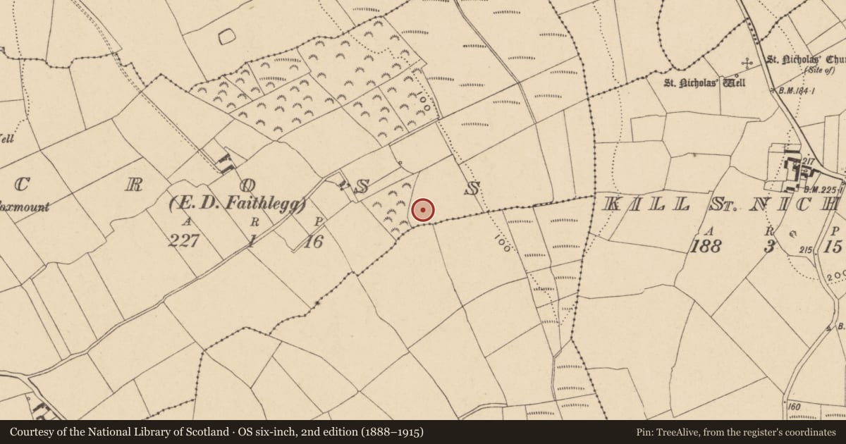 Ordnance Survey six-inch map, 2nd edition (1888–1915) covering the location of Burnt mound, Cross (Gaultiere By., Kill St. Nicholas Par.), County Waterford, with a pin at the register's coordinates