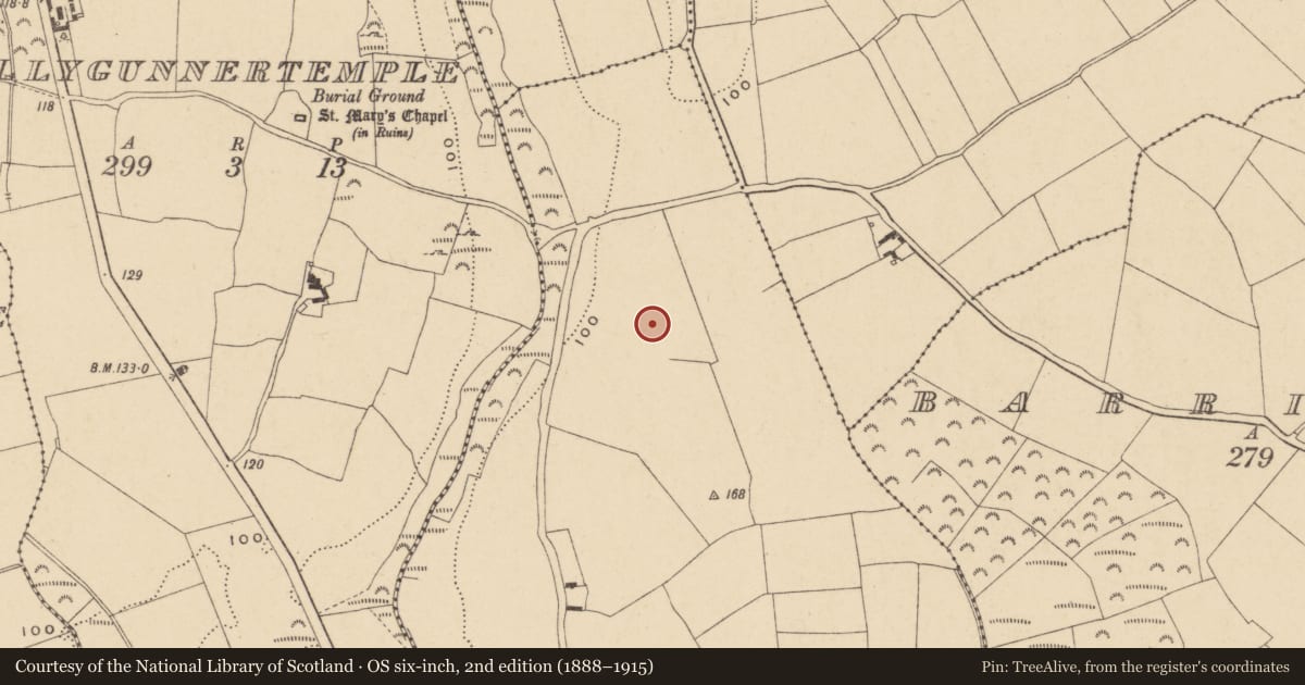Ordnance Survey six-inch map, 2nd edition (1888–1915) covering the location of Enclosure, Ballyvoreen, County Waterford, with a pin at the register's coordinates