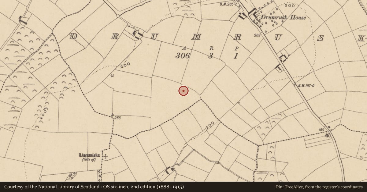 Ordnance Survey six-inch map, 2nd edition (1888–1915) covering the location of Enclosure, Drumrusk, County Waterford, with a pin at the register's coordinates