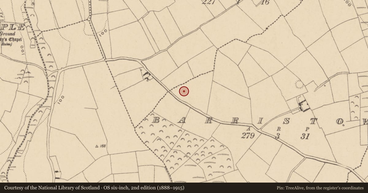 Ordnance Survey six-inch map, 2nd edition (1888–1915) covering the location of Enclosure, Barristown, County Waterford, with a pin at the register's coordinates
