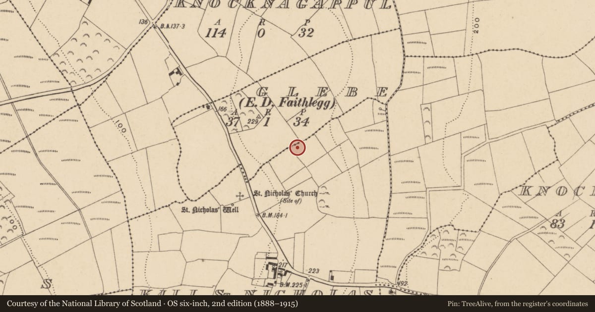 Ordnance Survey six-inch map, 2nd edition (1888–1915) covering the location of Enclosure, Kill St. Nicholas, County Waterford, with a pin at the register's coordinates