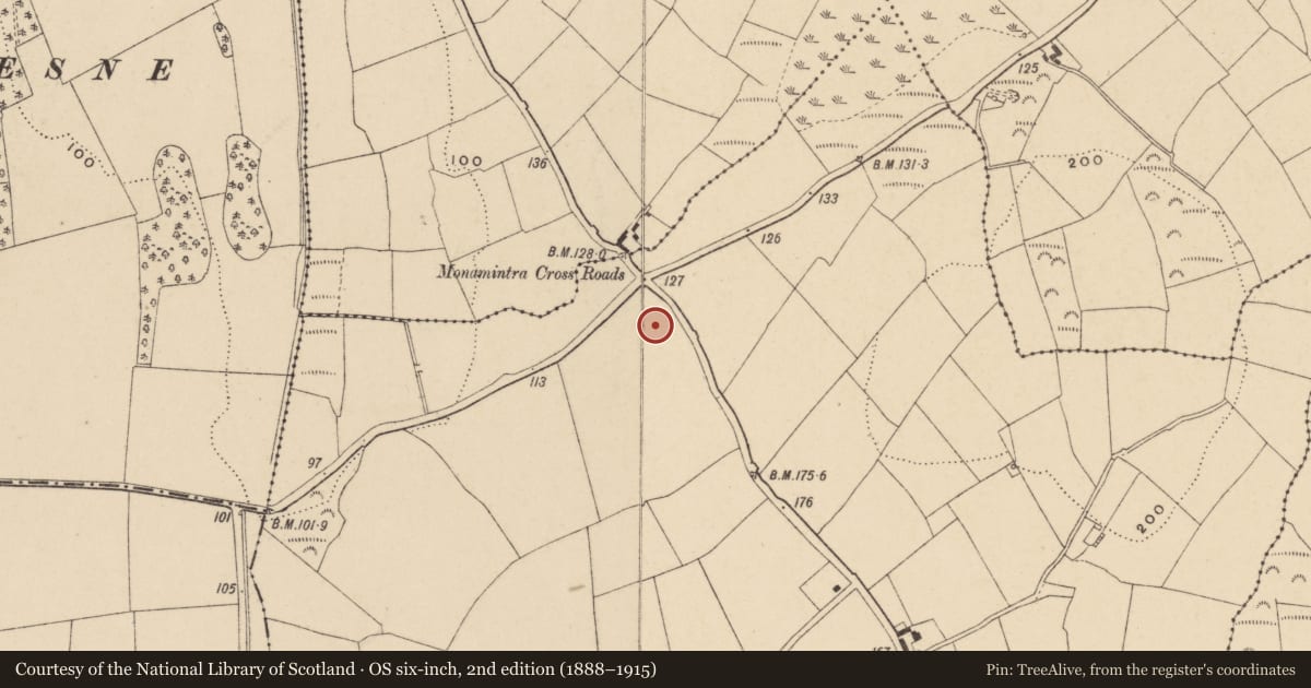 Ordnance Survey six-inch map, 2nd edition (1888–1915) covering the location of Pit-burial, Monamintra, County Waterford, with a pin at the register's coordinates