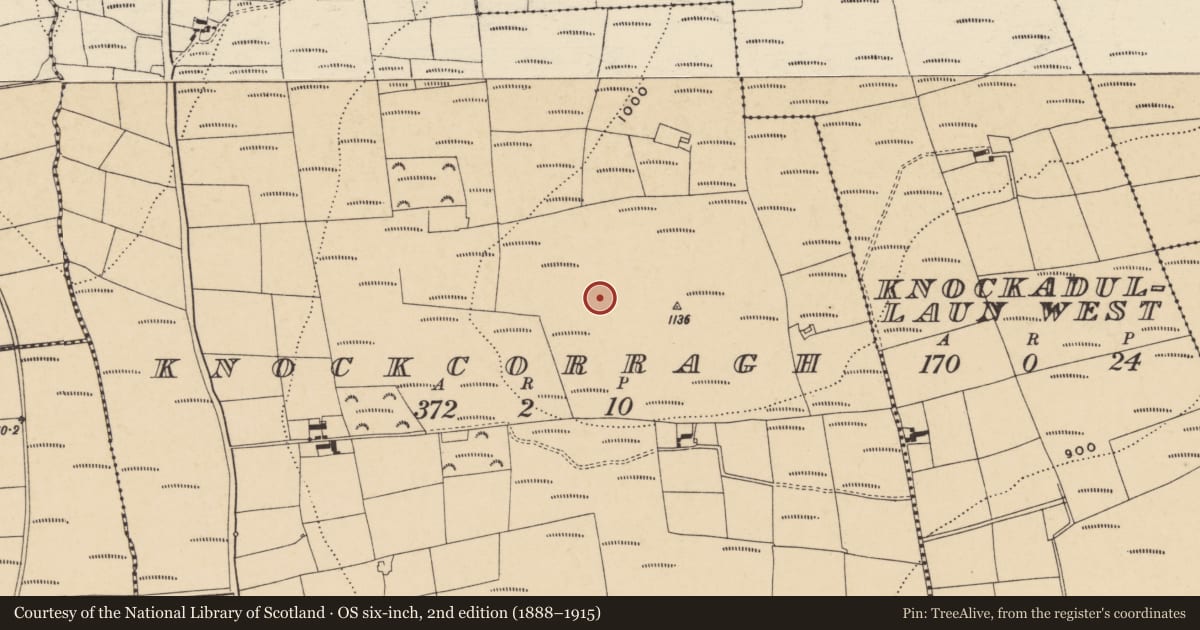 Ordnance Survey six-inch map, 2nd edition (1888–1915) covering the location of Standing stone, Knockcorragh, County Waterford, with a pin at the register's coordinates