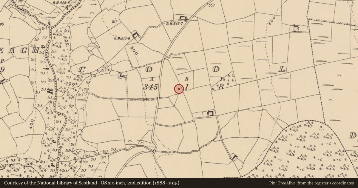 Ordnance Survey six-inch map, 2nd edition (1888–1915) covering the location of Standing stone, Cool, County Waterford, with a pin at the register's coordinates