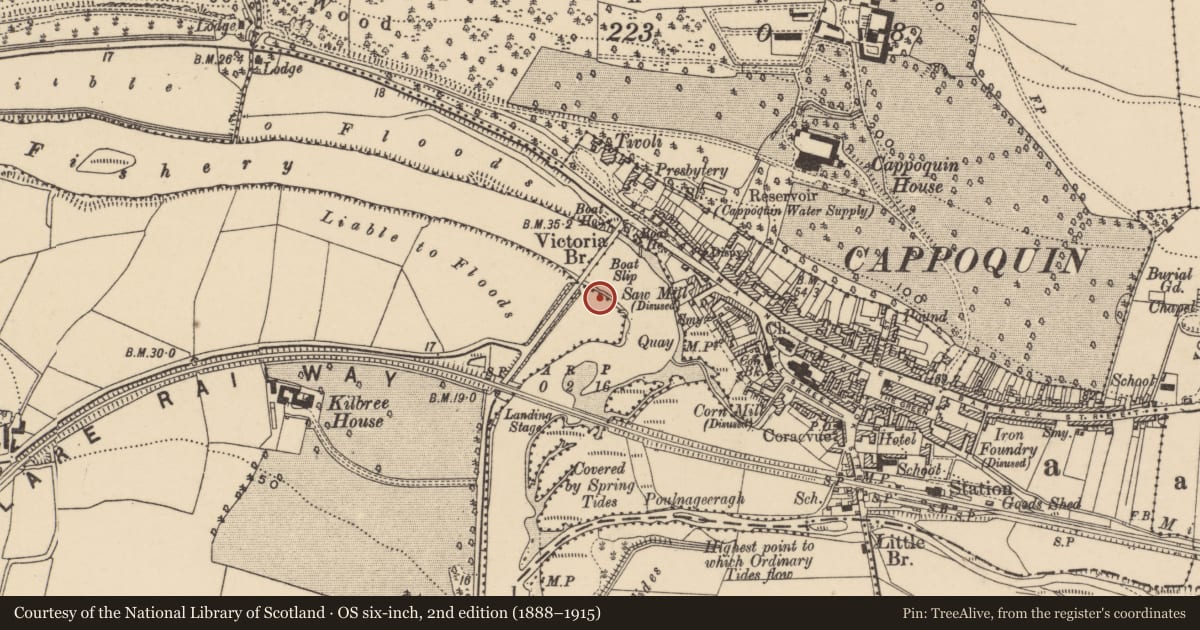 Ordnance Survey six-inch map, 2nd edition (1888–1915) covering the location of Road - road/trackway, Cappoquin, Kilbree East, County Waterford, with a pin at the register's coordinates