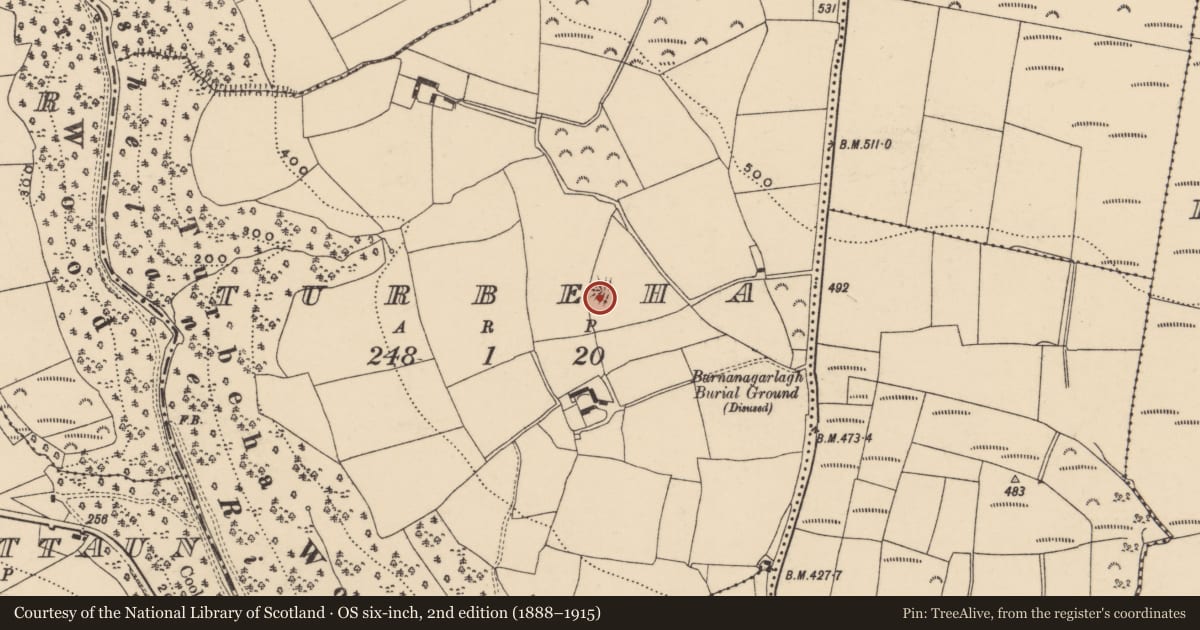 Ordnance Survey six-inch map, 2nd edition (1888–1915) covering the location of Enclosure, Turbeha, County Waterford, with a pin at the register's coordinates