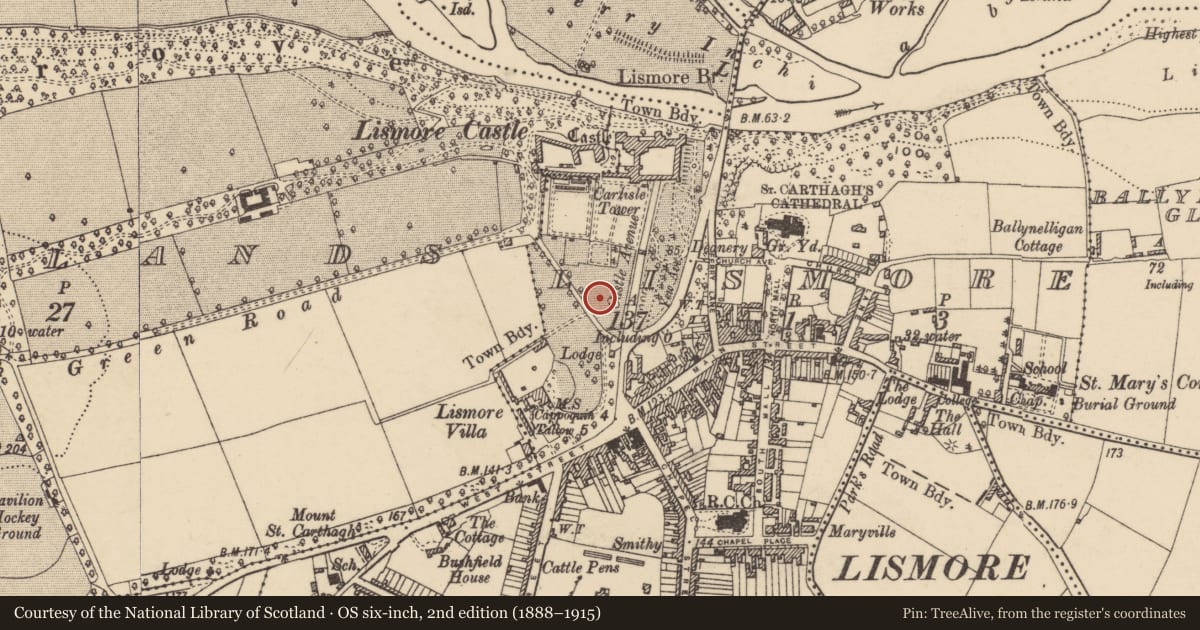 Ordnance Survey six-inch map, 2nd edition (1888–1915) covering the location of Ritual site - holy well, Lismore, County Waterford, with a pin at the register's coordinates