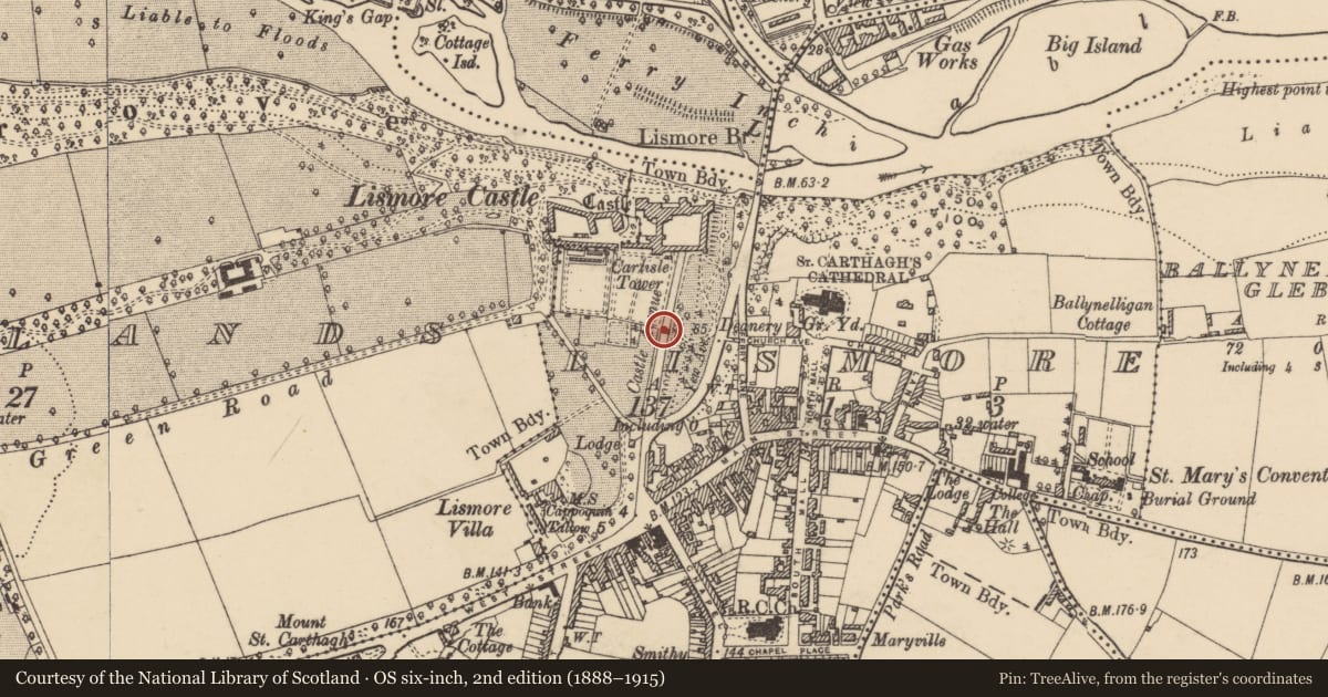 Ordnance Survey six-inch map, 2nd edition (1888–1915) covering the location of Gatehouse, Lismore, County Waterford, with a pin at the register's coordinates