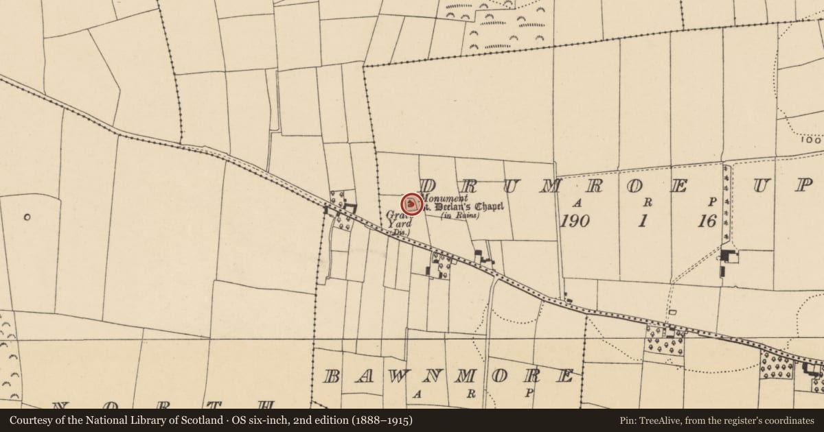 Ordnance Survey six-inch map, 2nd edition (1888–1915) covering the location of Church, Drumroe Upper, County Waterford, with a pin at the register's coordinates