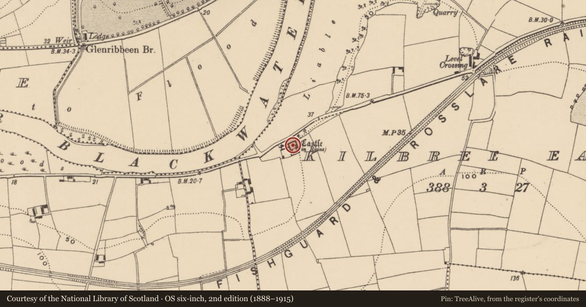 Ordnance Survey six-inch map, 2nd edition (1888–1915) covering the location of Church, Kilbree East, County Waterford, with a pin at the register's coordinates