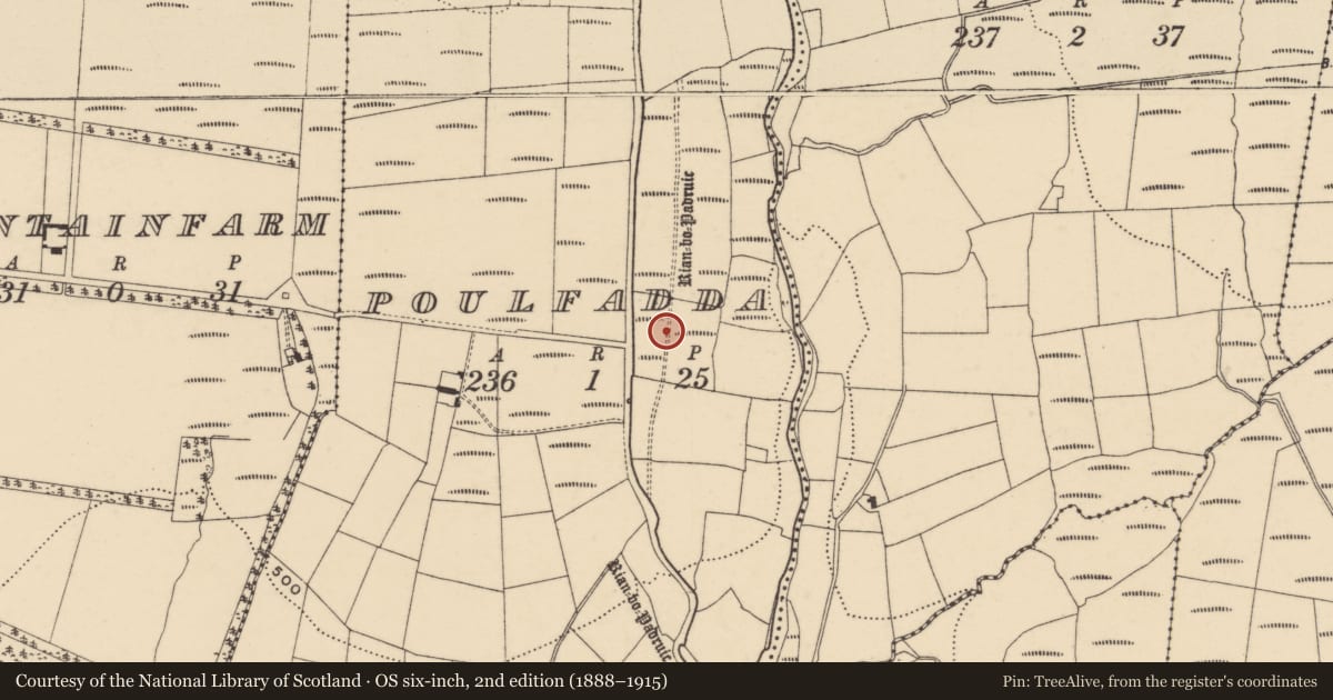 Ordnance Survey six-inch map, 2nd edition (1888–1915) covering the location of Road - road/trackway, Poulfadda, County Waterford, with a pin at the register's coordinates