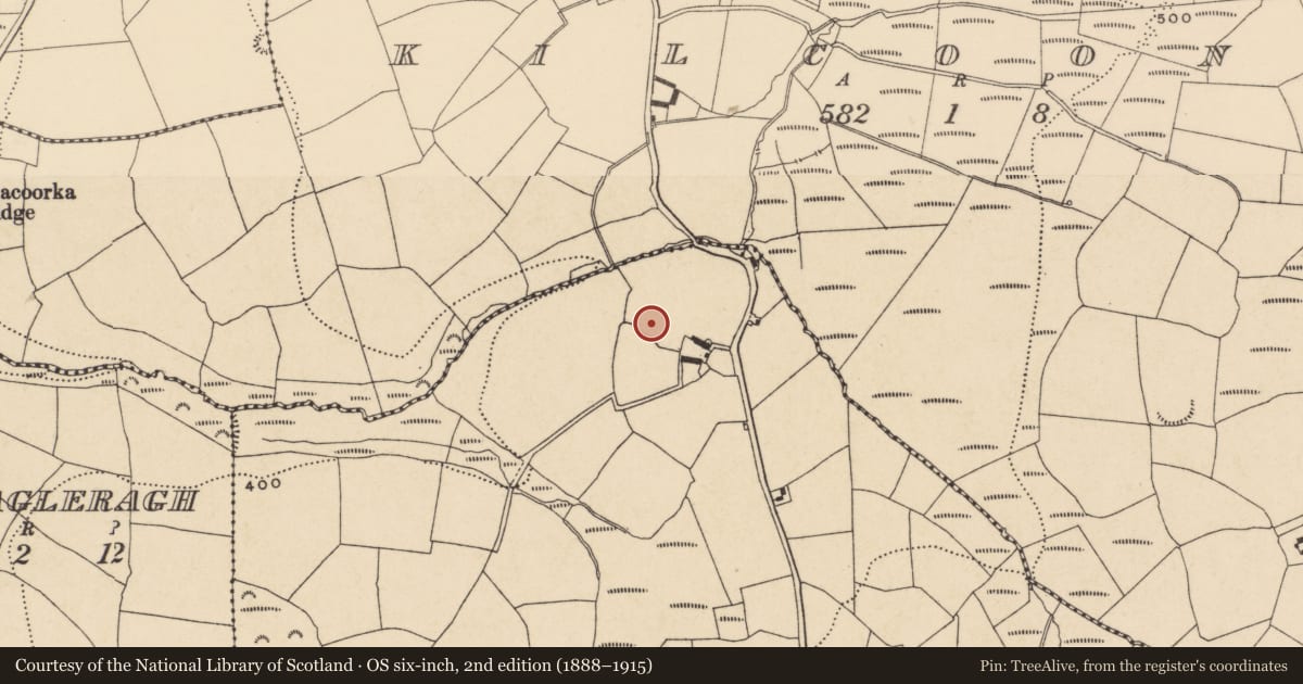 Ordnance Survey six-inch map, 2nd edition (1888–1915) covering the location of Ringfort - unclassified, Tinalira, County Waterford, with a pin at the register's coordinates