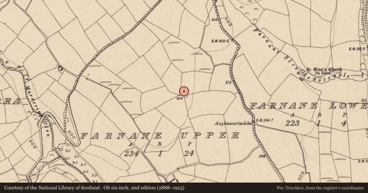 Ordnance Survey six-inch map, 2nd edition (1888–1915) covering the location of Ringfort - unclassified, Farnane Upper, County Waterford, with a pin at the register's coordinates