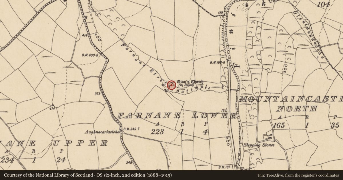 Ordnance Survey six-inch map, 2nd edition (1888–1915) covering the location of Church, Farnane Lower, County Waterford, with a pin at the register's coordinates