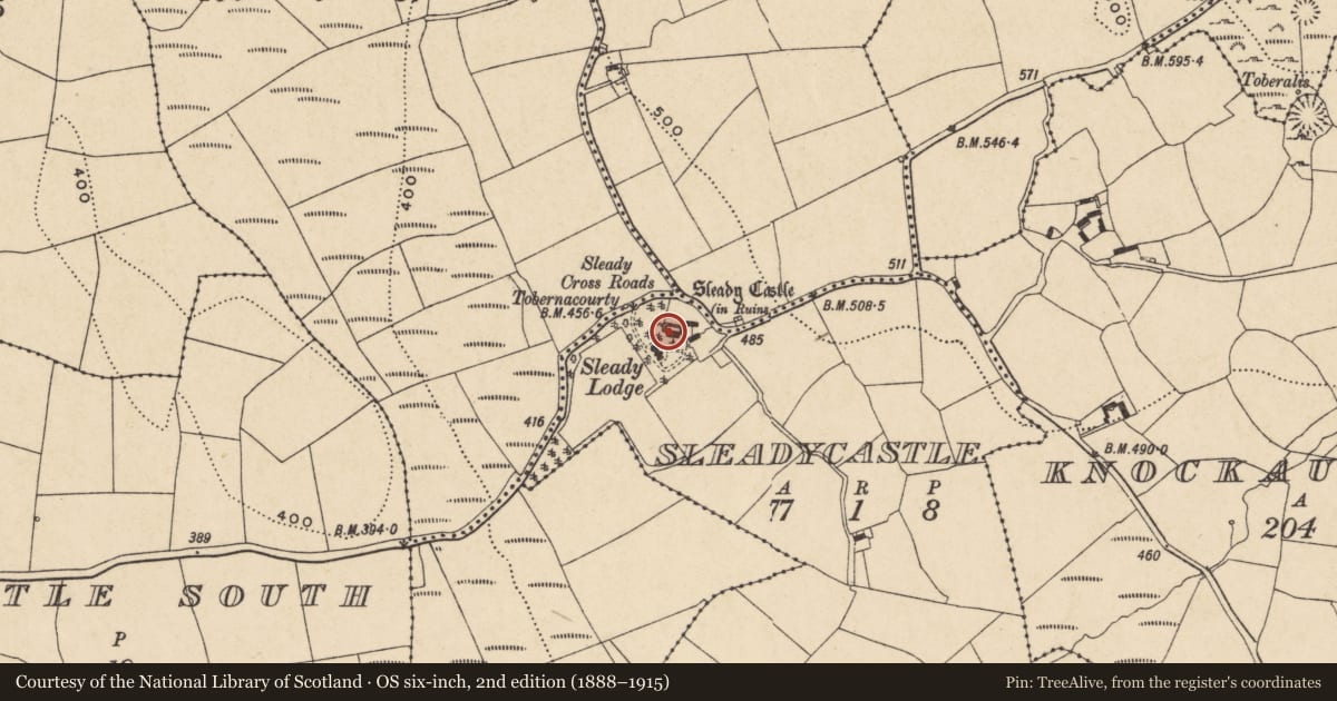 Ordnance Survey six-inch map, 2nd edition (1888–1915) covering the location of House - 17th century, Sleadycastle, County Waterford, with a pin at the register's coordinates