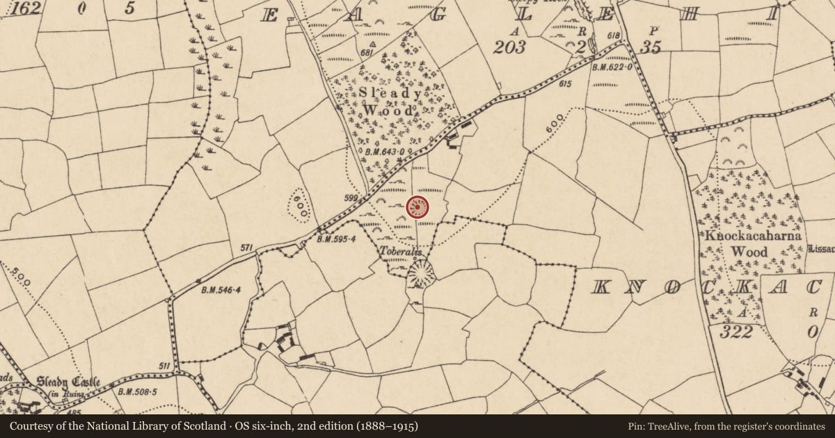 Ordnance Survey six-inch map, 2nd edition (1888–1915) covering the location of Ringfort - rath, Knockacaharna, County Waterford, with a pin at the register's coordinates