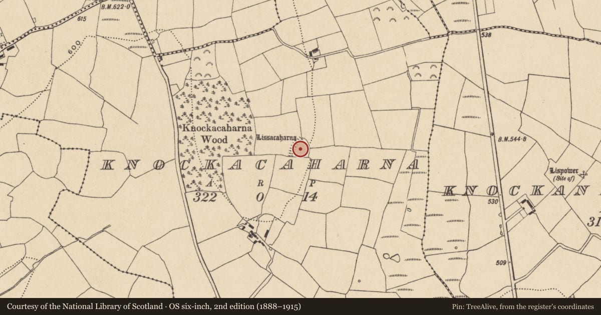 Ordnance Survey six-inch map, 2nd edition (1888–1915) covering the location of Enclosure, Knockacaharna, County Waterford, with a pin at the register's coordinates