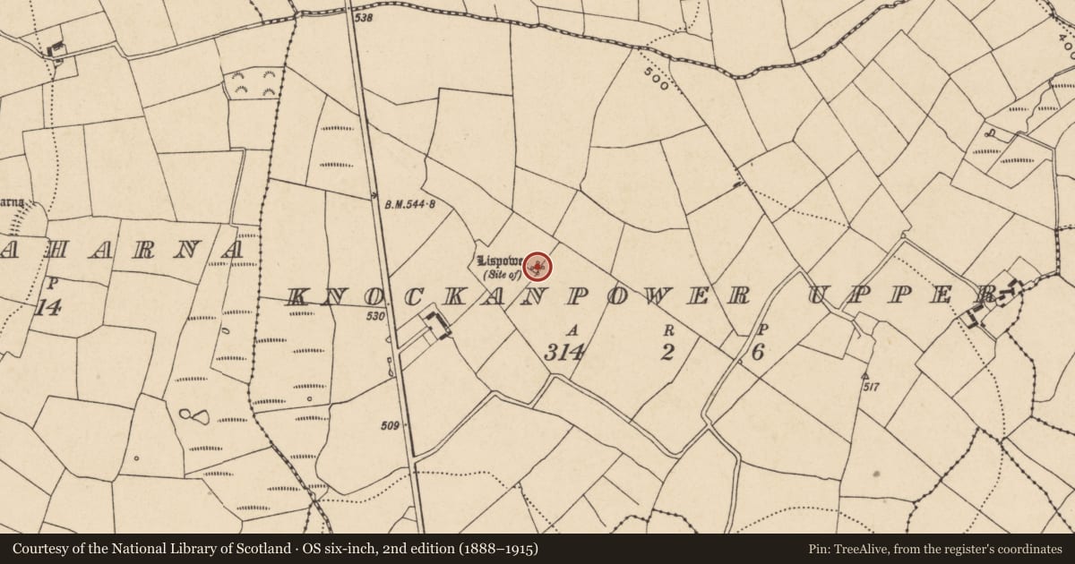 Ordnance Survey six-inch map, 2nd edition (1888–1915) covering the location of Enclosure, Cnocán An Phaoraigh Uachtarach (Bar. Na Déise lasmuigh den Drom), County Waterford, with a pin at the register's coordinates