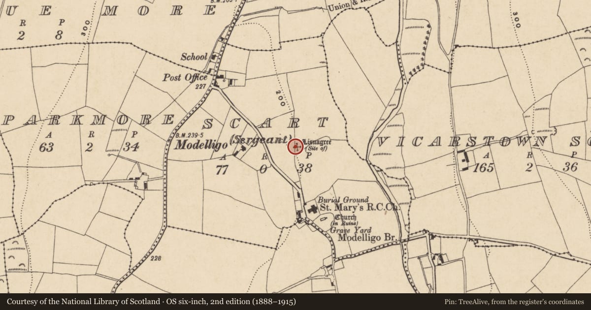 Ordnance Survey six-inch map, 2nd edition (1888–1915) covering the location of Ringfort - unclassified, Scart (Sergeant), County Waterford, with a pin at the register's coordinates