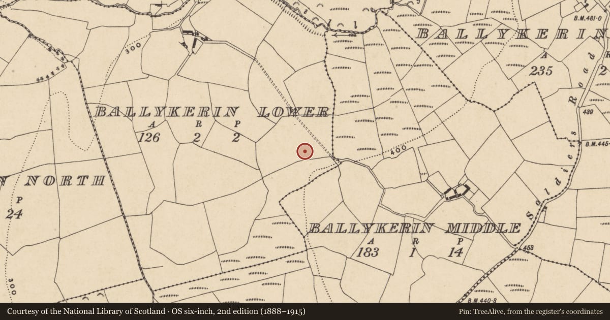 Ordnance Survey six-inch map, 2nd edition (1888–1915) covering the location of Ringfort - unclassified, Ballykerin Lower, County Waterford, with a pin at the register's coordinates
