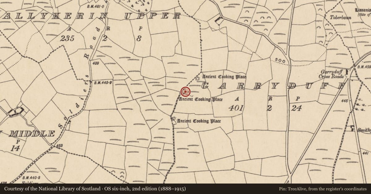 Ordnance Survey six-inch map, 2nd edition (1888–1915) covering the location of Burnt mound, Garryduff, County Waterford, with a pin at the register's coordinates