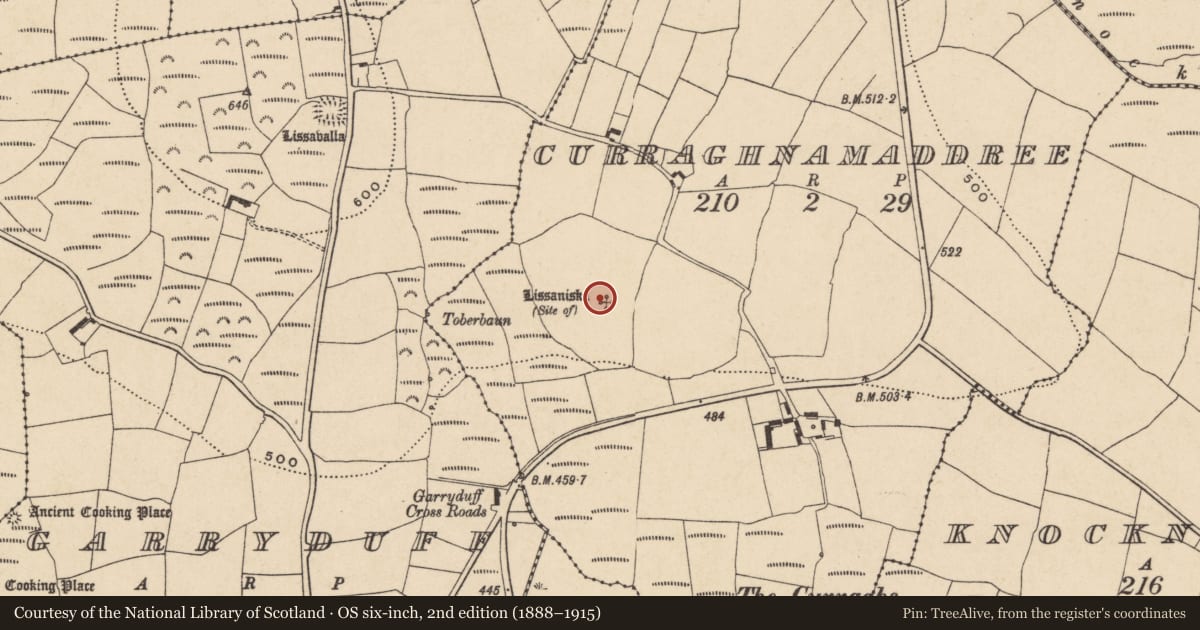 Ordnance Survey six-inch map, 2nd edition (1888–1915) covering the location of Enclosure, Curraghnamaddree, County Waterford, with a pin at the register's coordinates