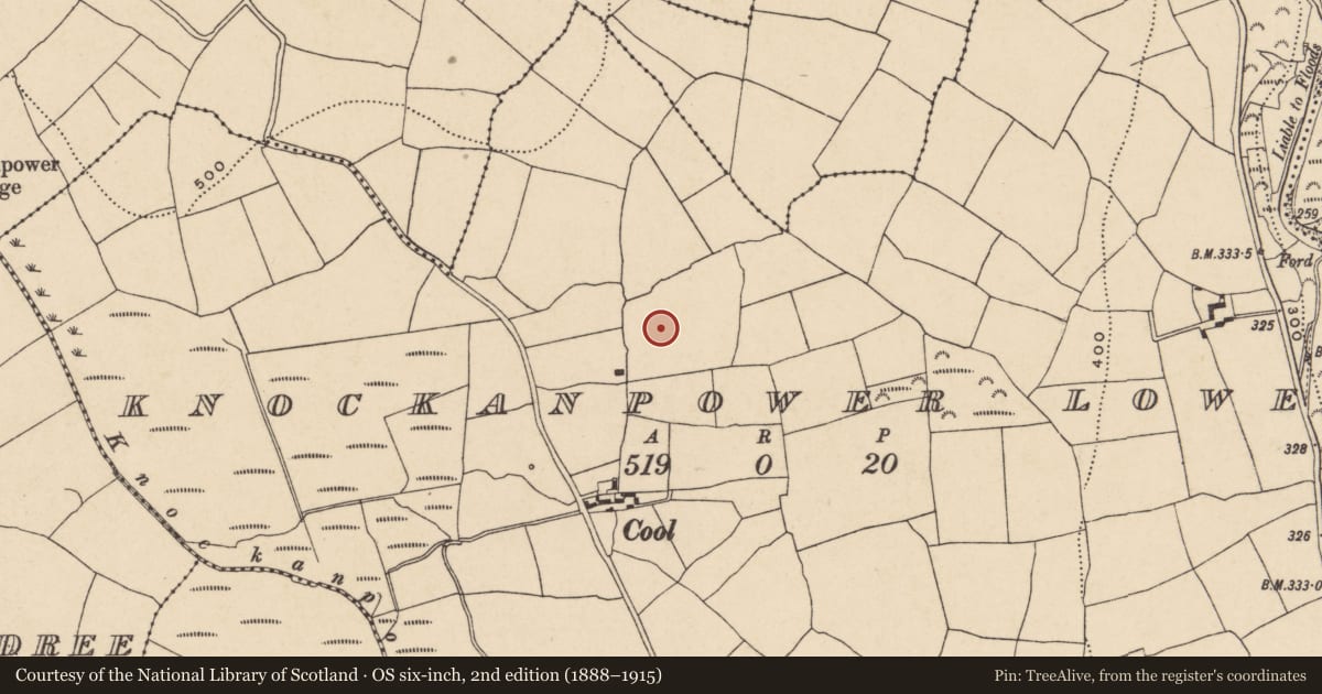 Ordnance Survey six-inch map, 2nd edition (1888–1915) covering the location of Ringfort - unclassified, Cnocán An Phaoraigh Íochtarach (Bar. Na Déise lasmuigh den Drom), County Waterford, with a pin at the register's coordinates